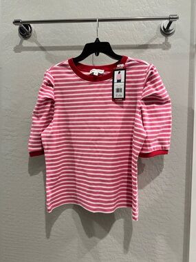 Rebecca Minkoff Pink and White Striped Puff Sleeve Top